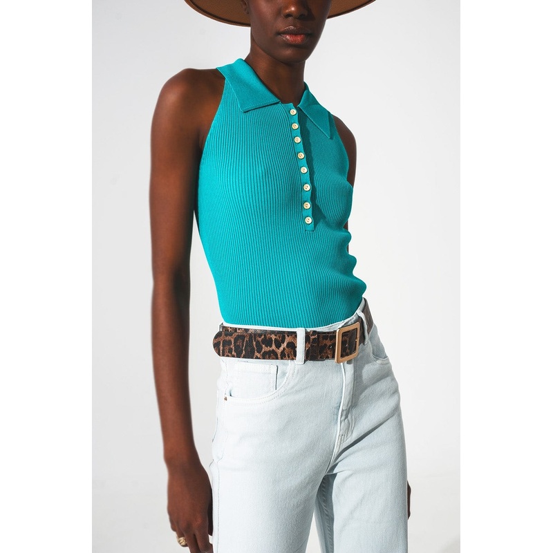 Ribbed Knitted Top With Polo Neck In Turquoise