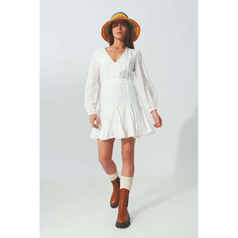 Ruffle V Neck Dress In White