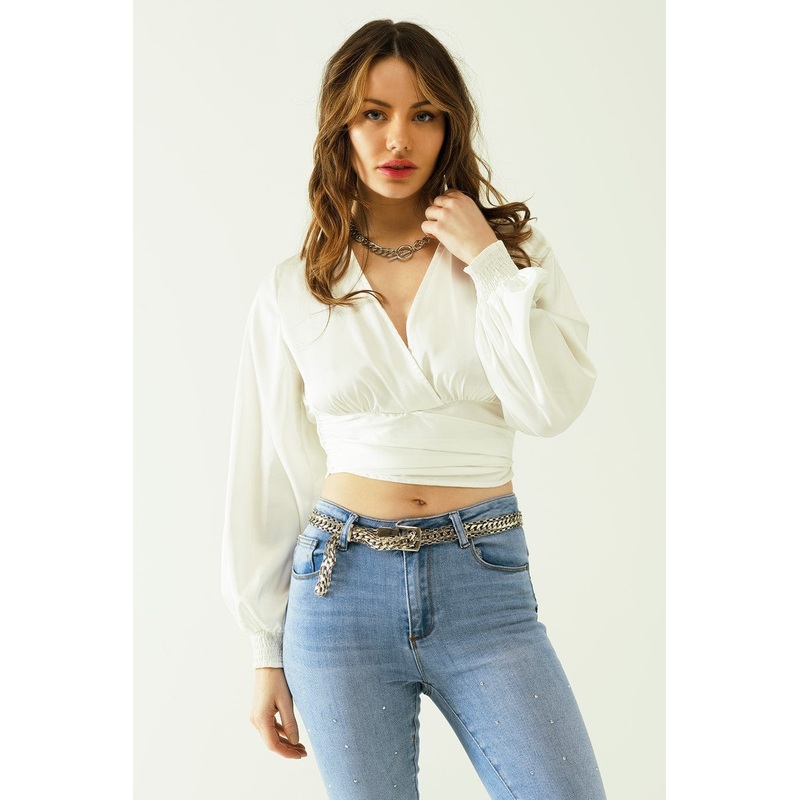 Satin Wrap Crop Top Fitted At The Waist In White