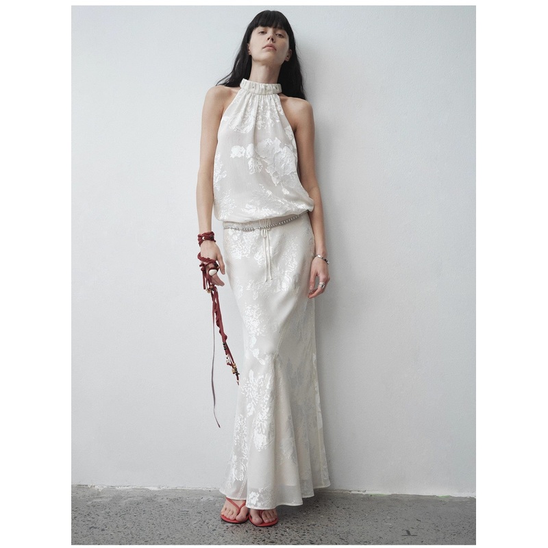 “Seville” Bias-Cut Fishtail Midi Skirt in Burnt Pattern Material