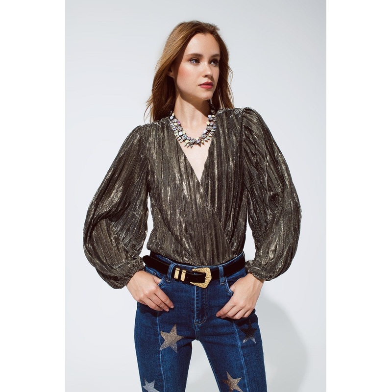 Shiny Glitter Body With Deep V Neck In Gold