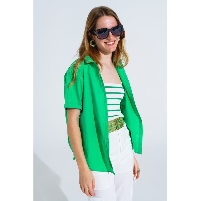 Short Sleeve Relaxed Button Up Shirt In Green
