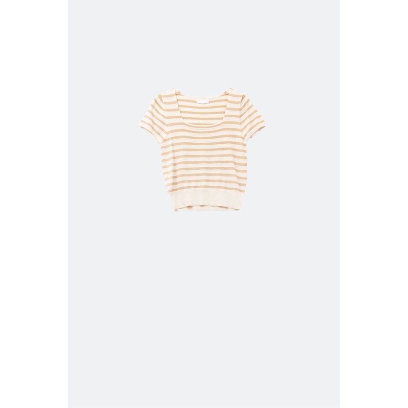 Square Neck Stripped Sweater In Beige And Camel