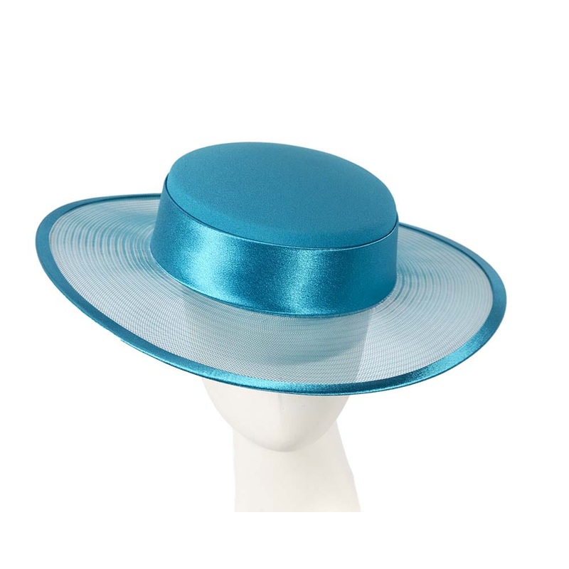 Turquoise designers boater hat by Cupids Millinery