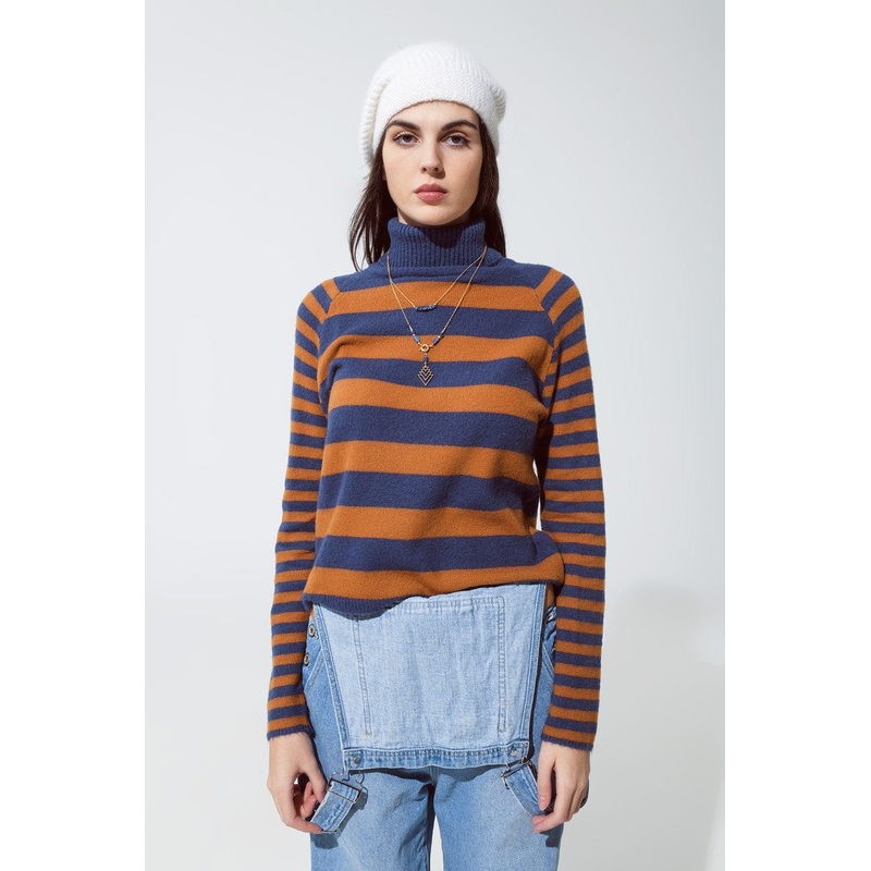 Turtleneck Sweater With Stripes In Blue And Brown
