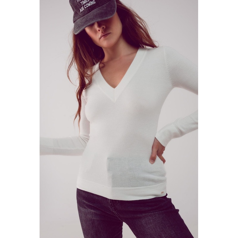 V Neck Fine Knit Jumper In Cream