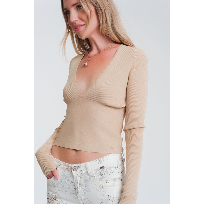 V Neck Ribbed Sweater In Beige