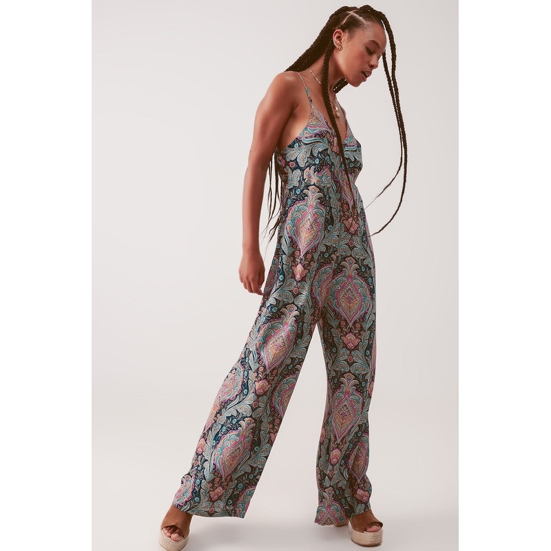 Wide Leg Jumpsuit In Navy Paisley Print