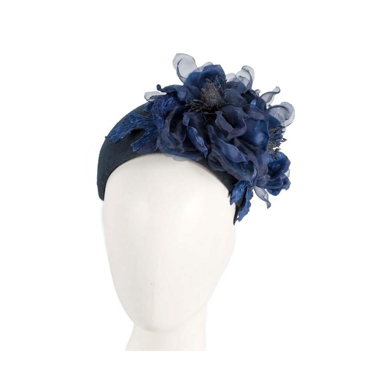 Wide navy headband with silk flower