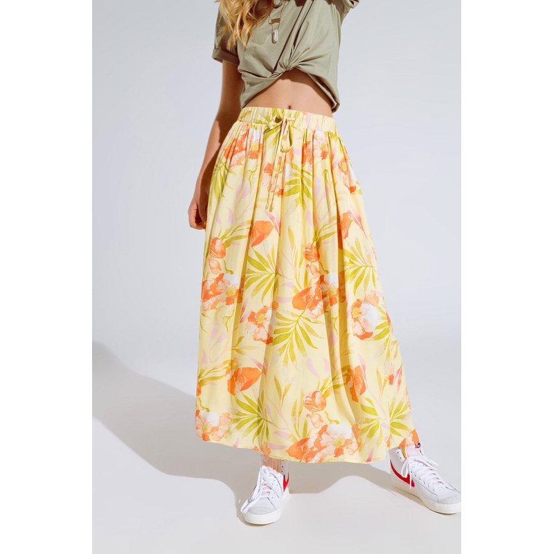 Yellow Maxi Skirt With Tropical Print