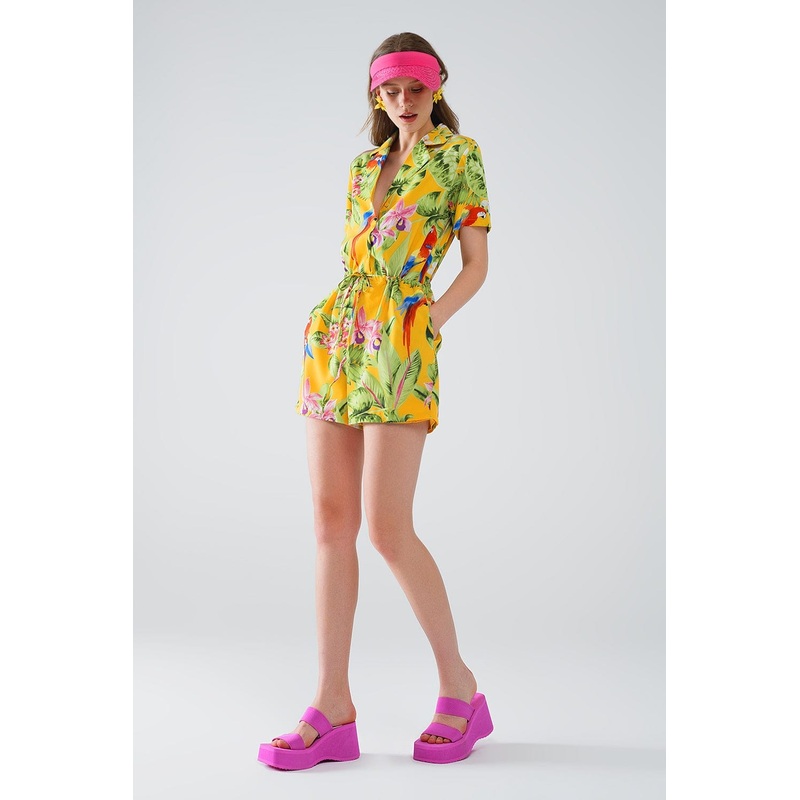 Yellow Short Jumpsuit With Tropical Print And Drawstring Closure