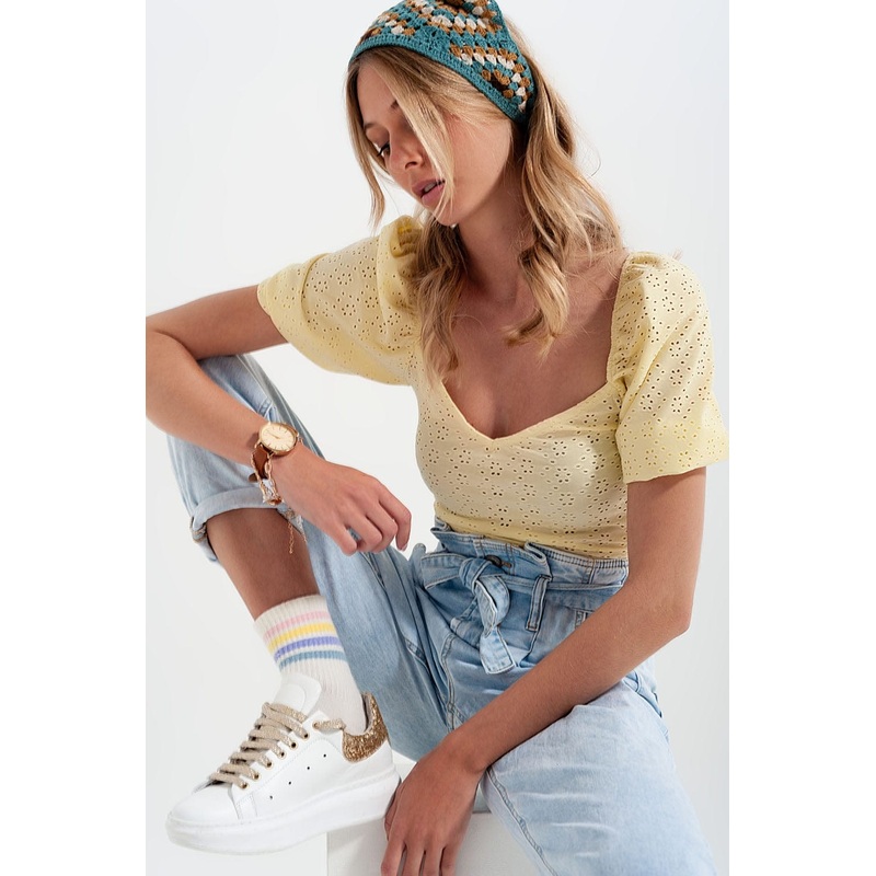Yellow Short Top In Batiste Fabric With Puffed Sleeves