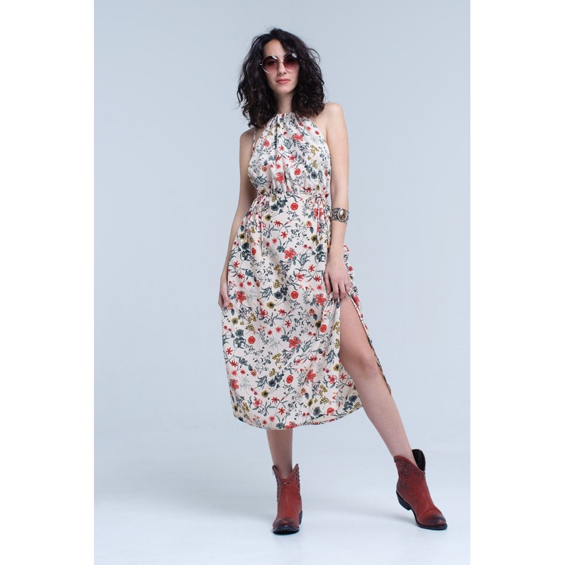 Beige Floral High Neck Cut Out Midi Dress