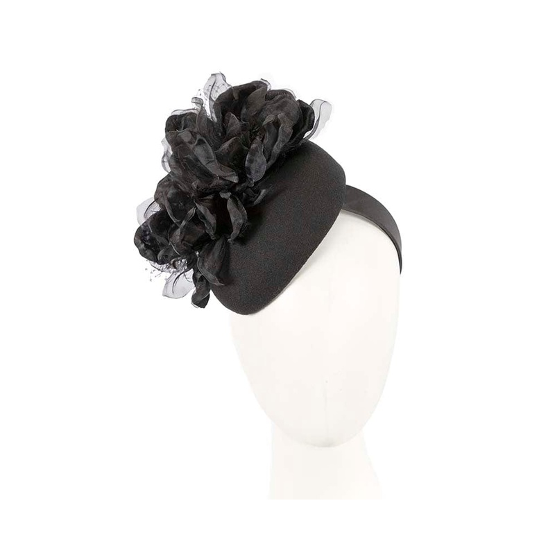 Black pillbox with large flower by Fillies Collection