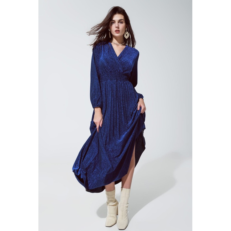 Blue Shiny Fitted High Waist Maxi Dress With V Neck