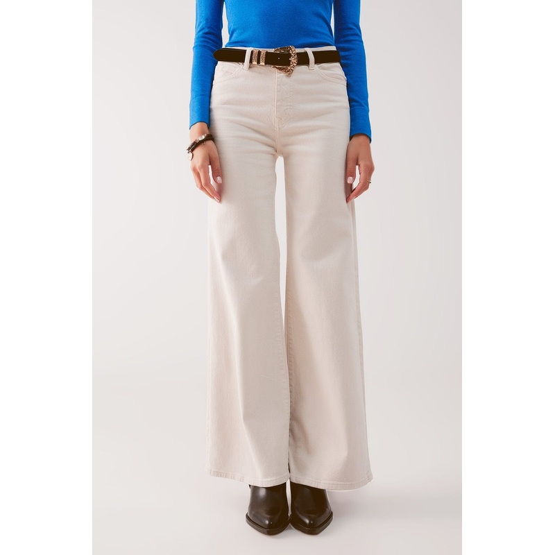Cotton Blend Wide Leg Jeans In Beige