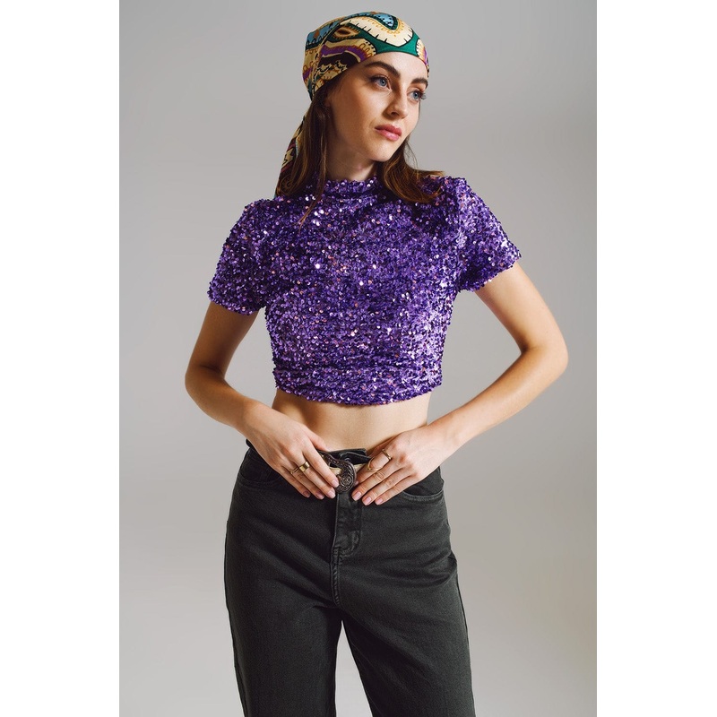 Cropped High Neck Top In Purple Sequin
