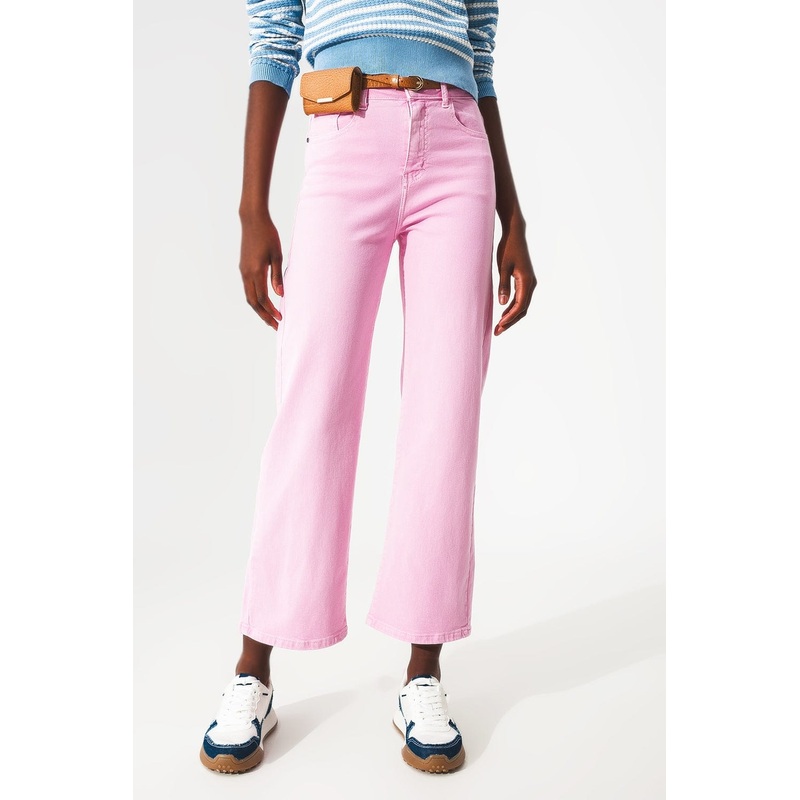 Cropped Wide Leg Jeans In Bubblegum Pink