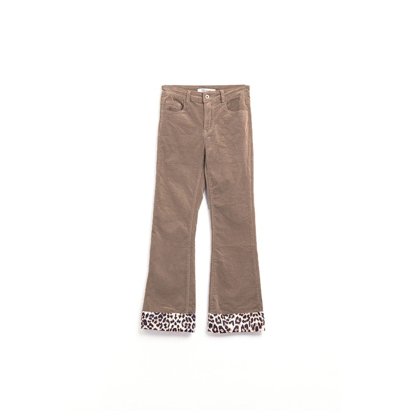 Dark Beige Corduroy Flare Pants With Leopard Print At The Bottom