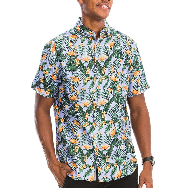 Digital Print Hawaiian Short Sleeve Shirt in Green, White, & Mustard Tropical Print