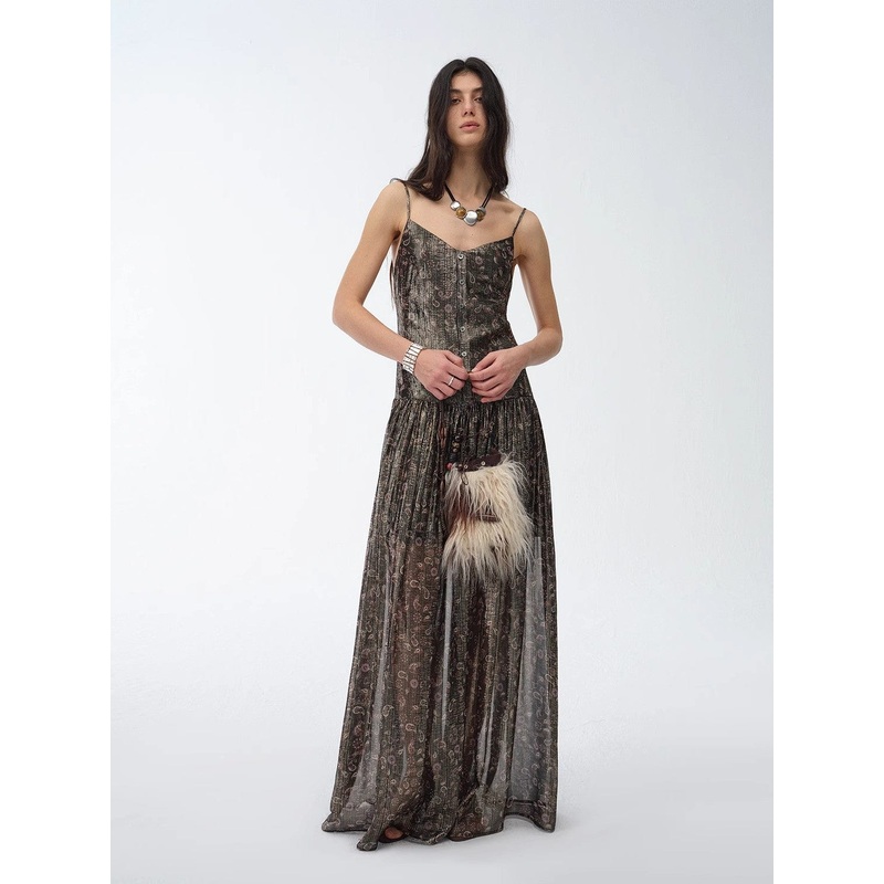 “Floating Lights” Retro Paisley Print Silk Holiday Sling Dress