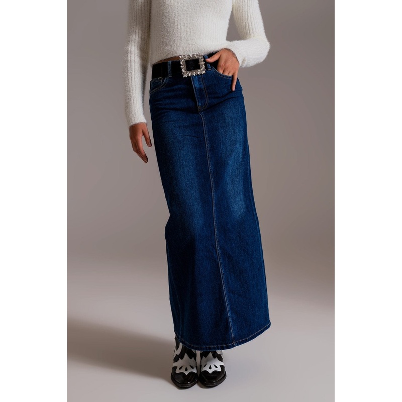 Full Length Stretch Denim 90’S Skirt In Dark Wash