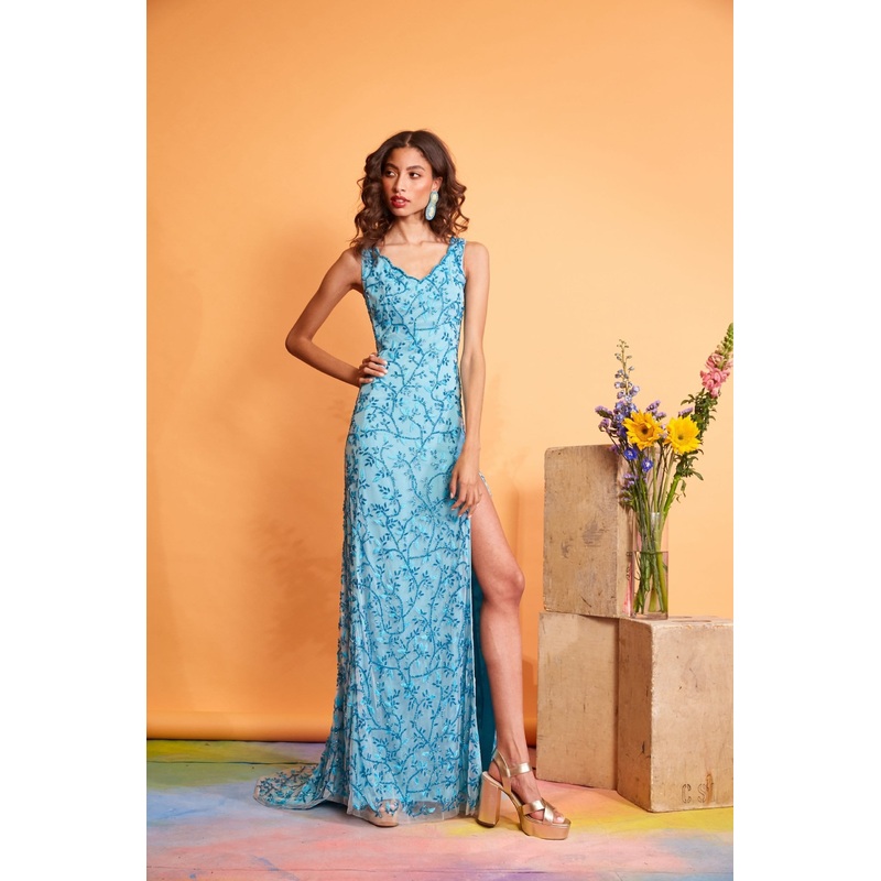 Lavanya Coodly Louisa Hand-Beaded Blue Tulle A-Line Floor Length Dress with Side Slit