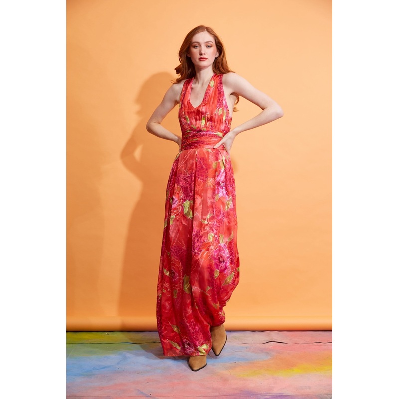 Lavanya Coodly Women’s Corrine Silk Chiffon Multicolor Halter Maxi Dress with Ruched Bodice