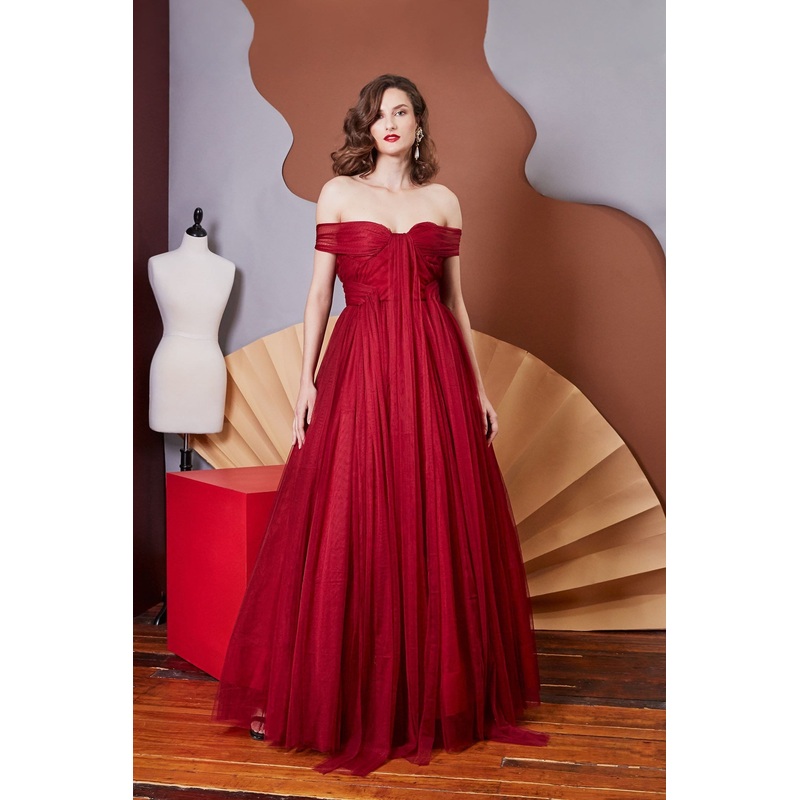 Lavanya Coodly Women’s Lorraine Red Draped Tulle Ball Gown with Off Shoulder Neckline & Corseted Bodice
