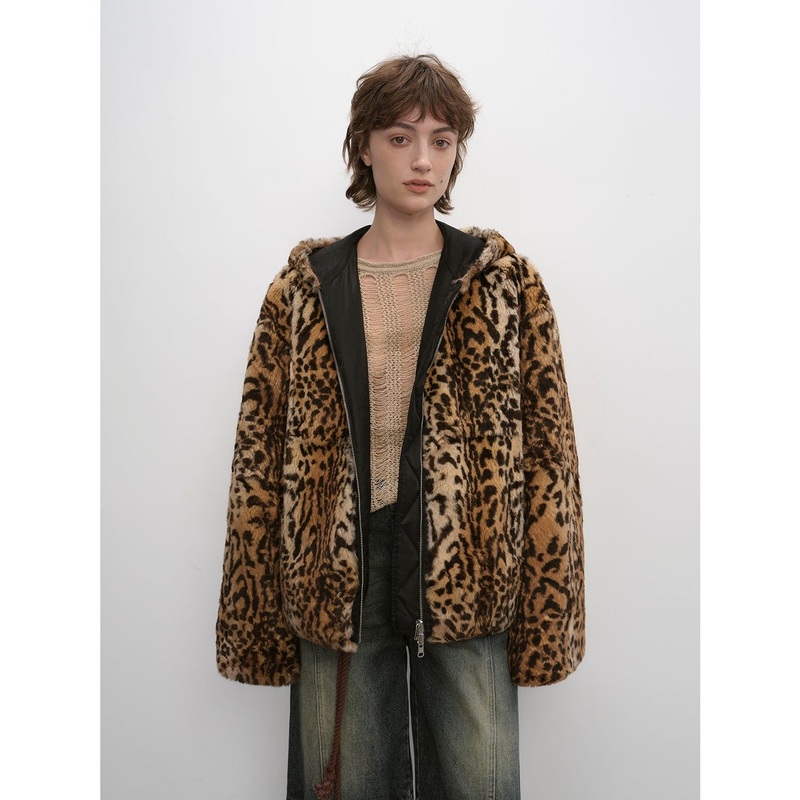 “Leopard Fantasy” Leopard Spot Print Reversible Drop Shoulder Hooded Custom Rabbit Fur Coat