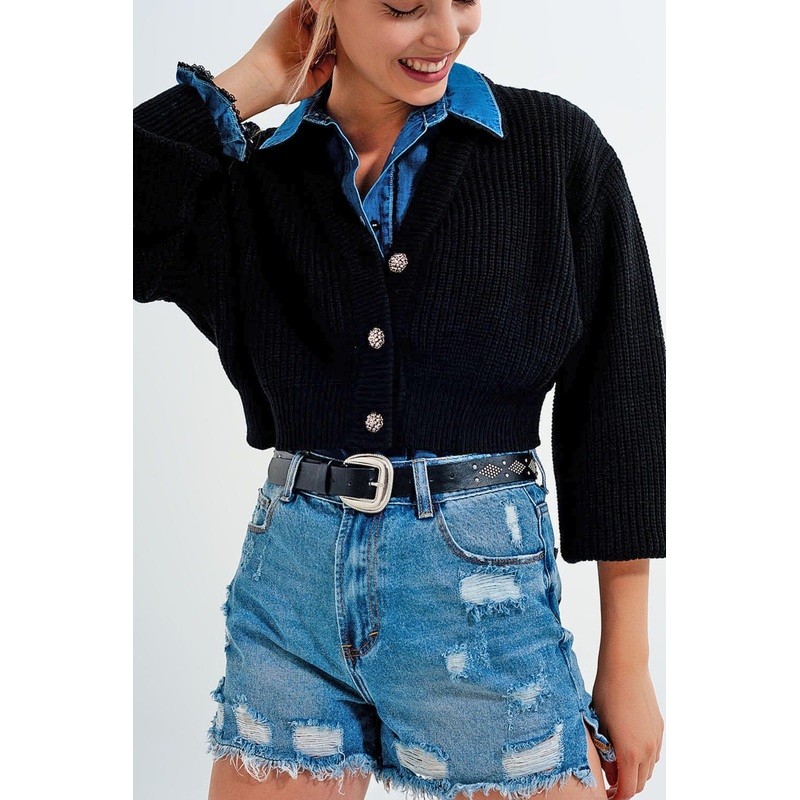 Long Sleeves Black Cardigan With Strass Button Detail