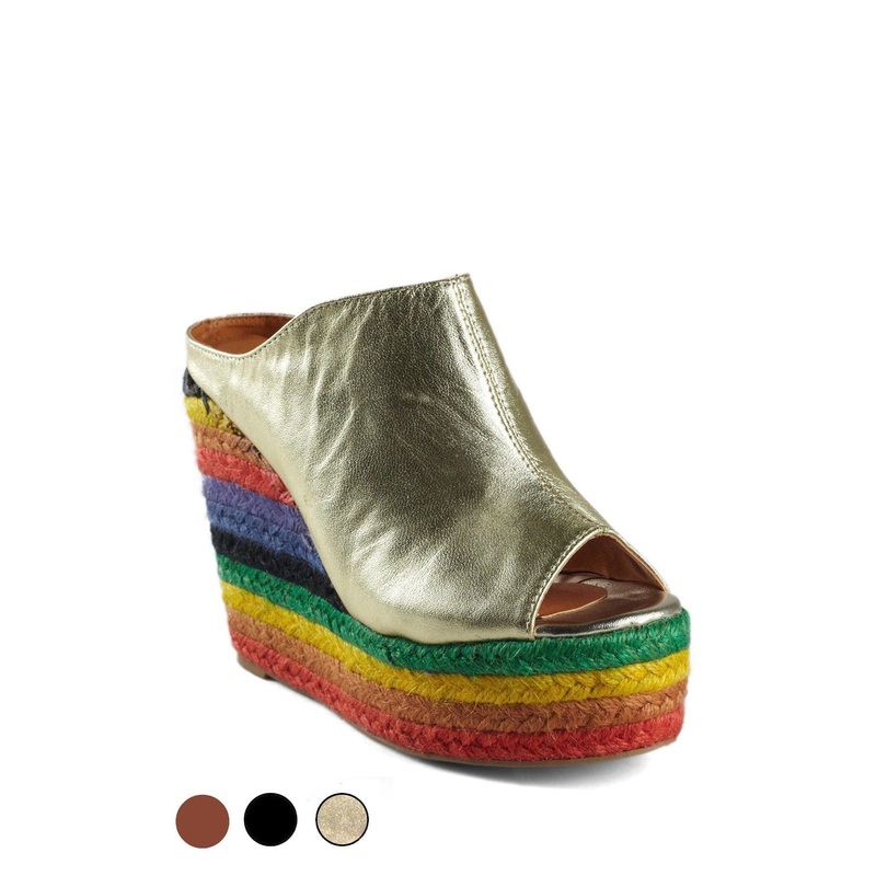 N.Y.L.A. Shoes Cobain Open Toe Platform Clogs in Gold, Black, or Cognac