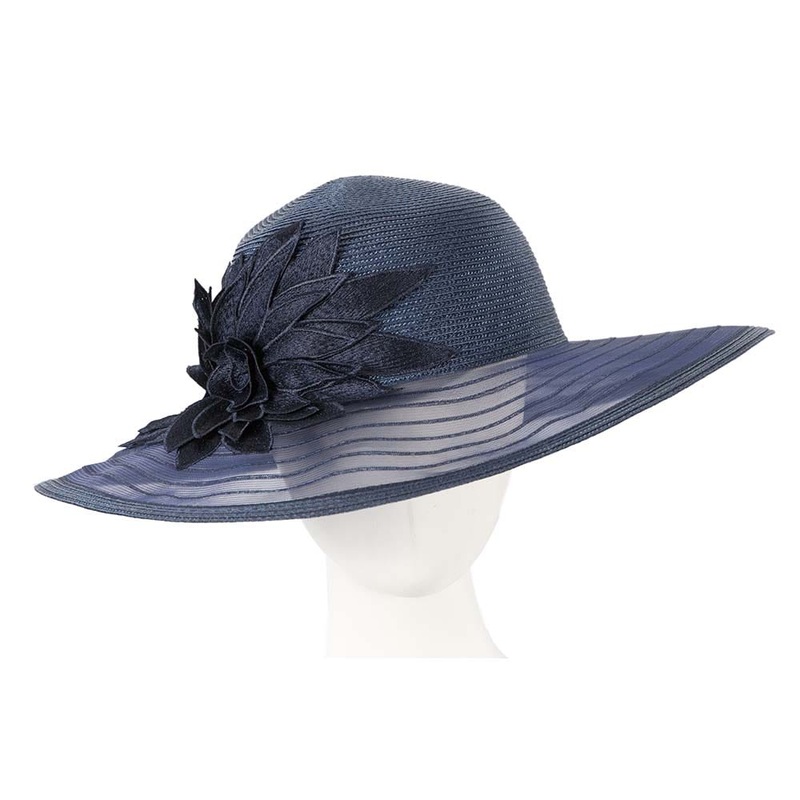 Navy wide brim hat with lace flower by Cupids Millinery