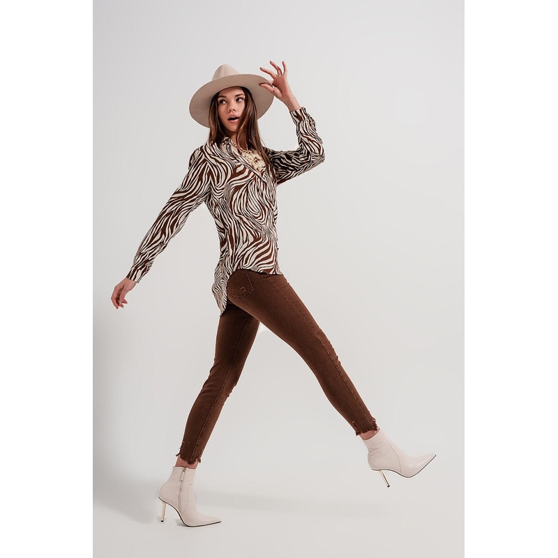 Raw Hem Skinny Jeans In Brown