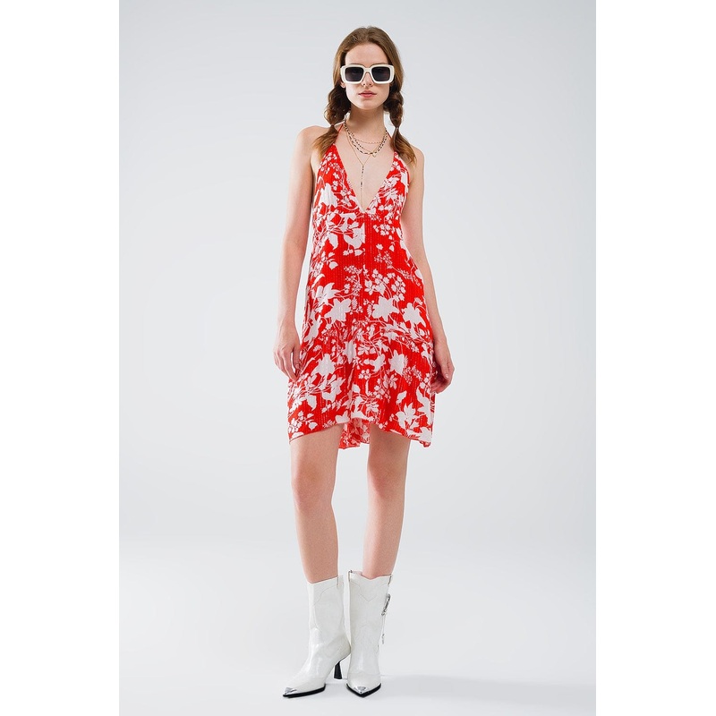 Red Short Boho Flower Print Dress With Lurex Detail