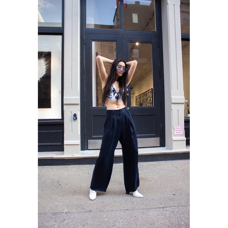 Remi Navy Wide-Leg Silk Pants | Le Russi