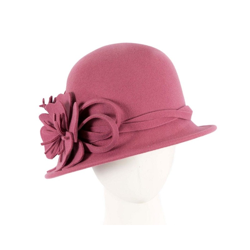Rose pink felt winter hat with flower by Max Alexander