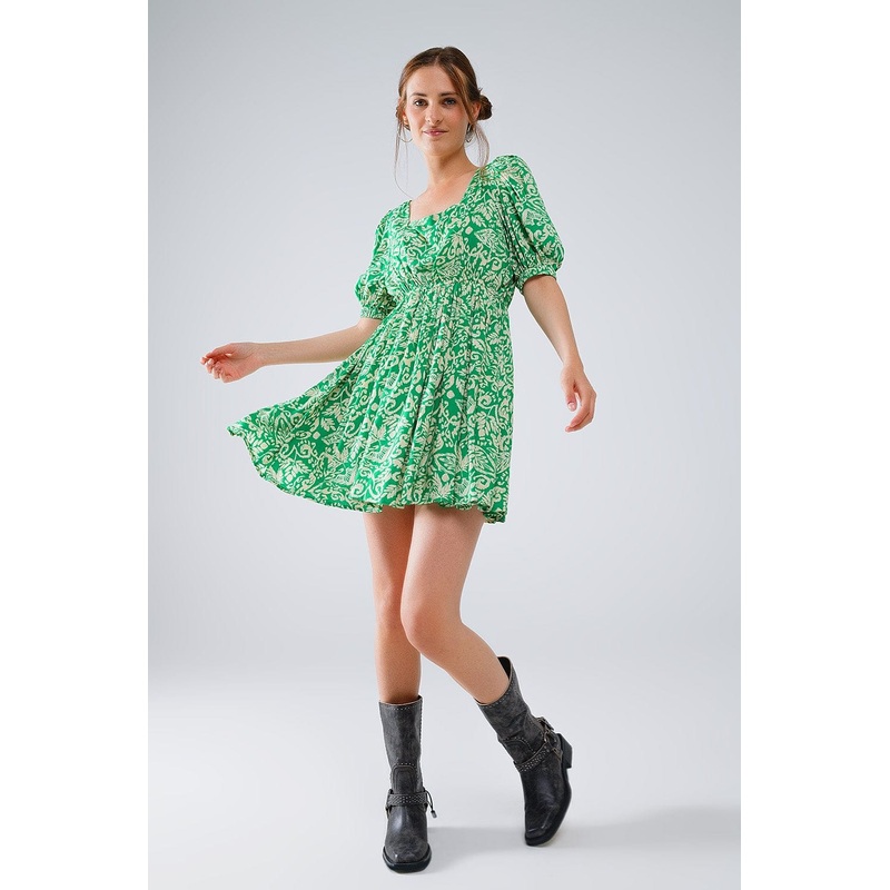 Short Floral Print Dress With Gathered Back In Green