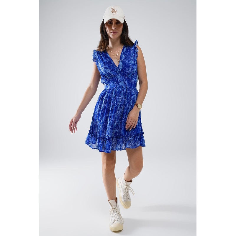 Skater Dress With Cinched Waist In Snake Blue Print With Gold Lurex Thread