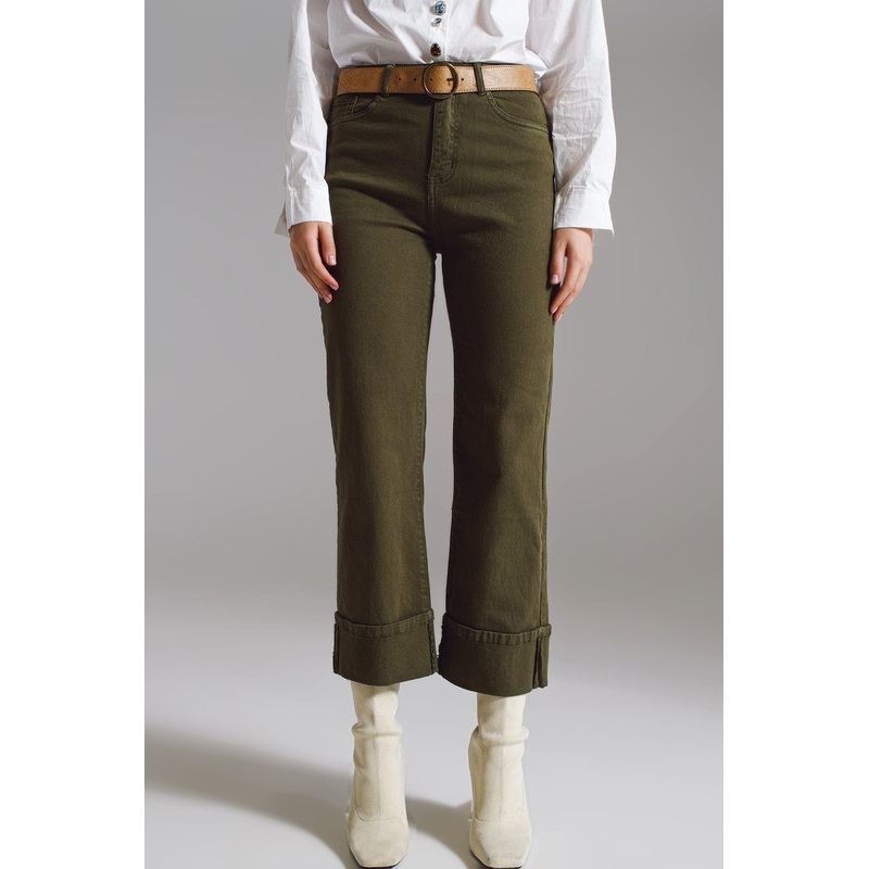 Straight Leg Jeans With Cropped Hem In Dark Green