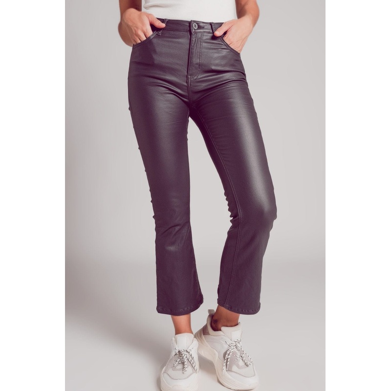 Stretch Faux Leather Flare Pants In Grey