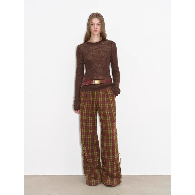 “Vintage Opportunity” High-Proportion Merino Wool Single Pleated Plaid Tweed Low-Rise Wide-Leg Casual Pants