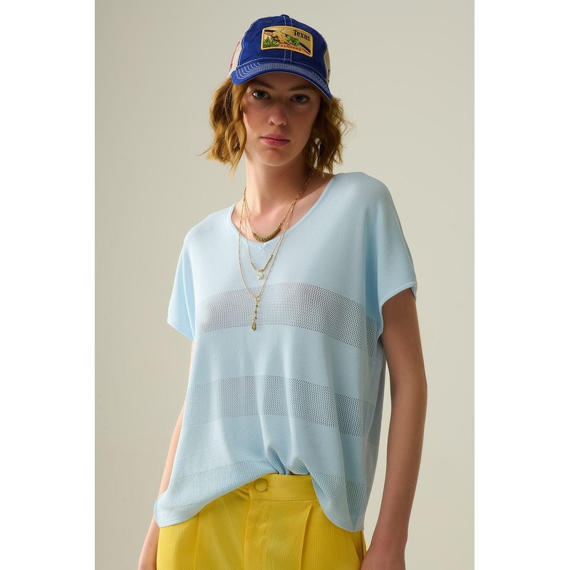 Baby Blue V-Neck Sweater With Open Knit Detail