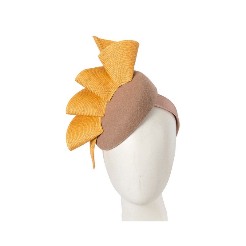 Beige & mustard pillbox fascinator by Fillies Collection
