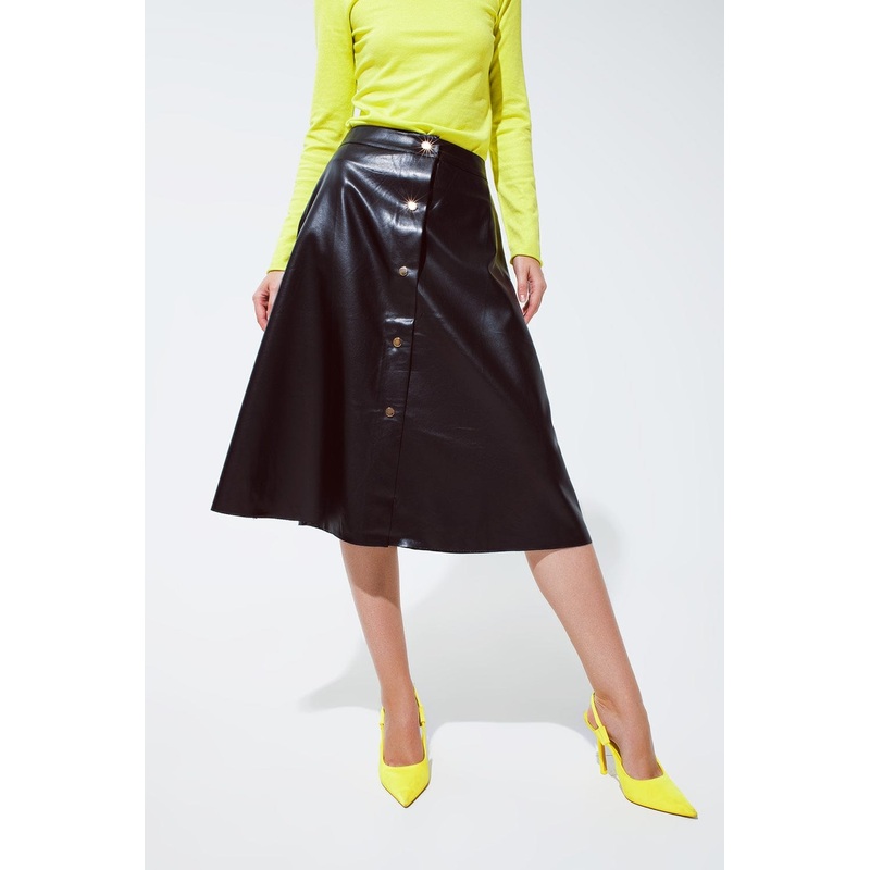 Black Leatherette Buttoned Midi Skirt