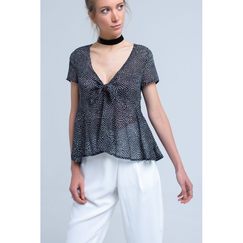 Black Polka Dot Top With Ruffle Hem