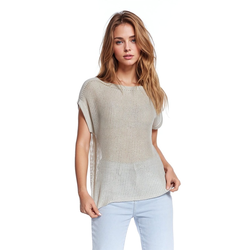Boat Neck Ribbed Sweater With Cap Sleeves In Beige