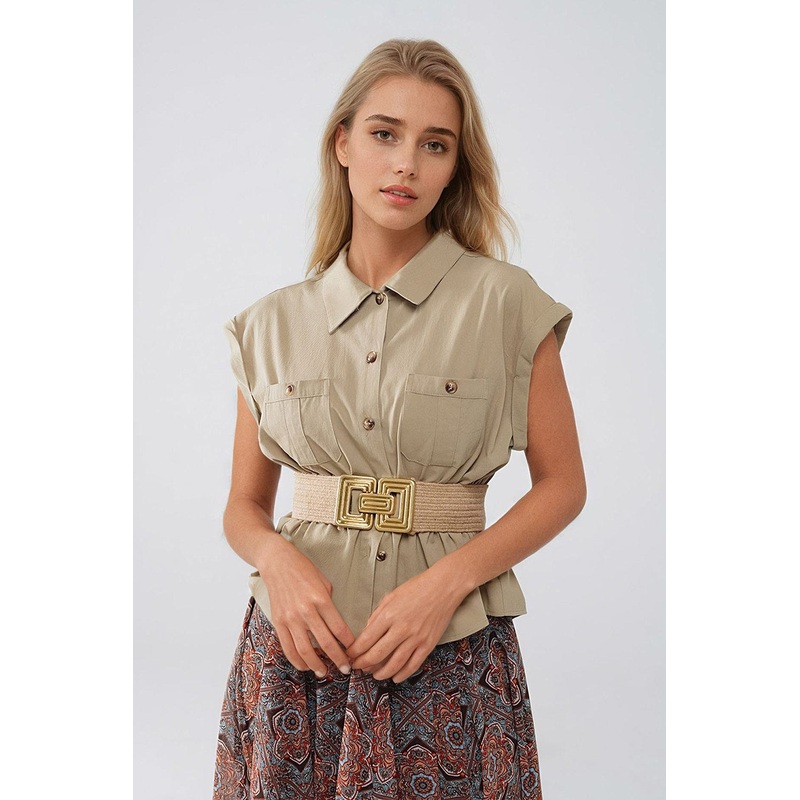 Button Up Khaki Shirt With Chest Pockets