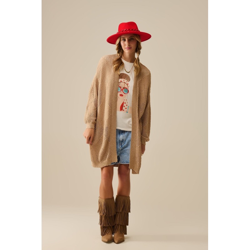 Camel Draped Cardigan With Crochet Design