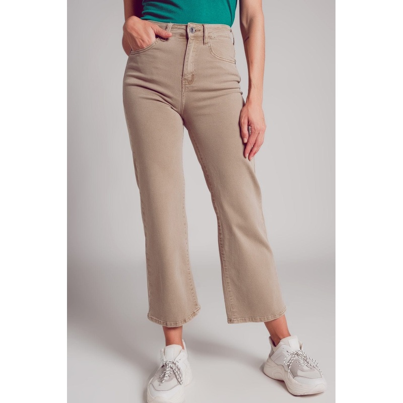 Cropped Wide Leg Jeans In Beige Color